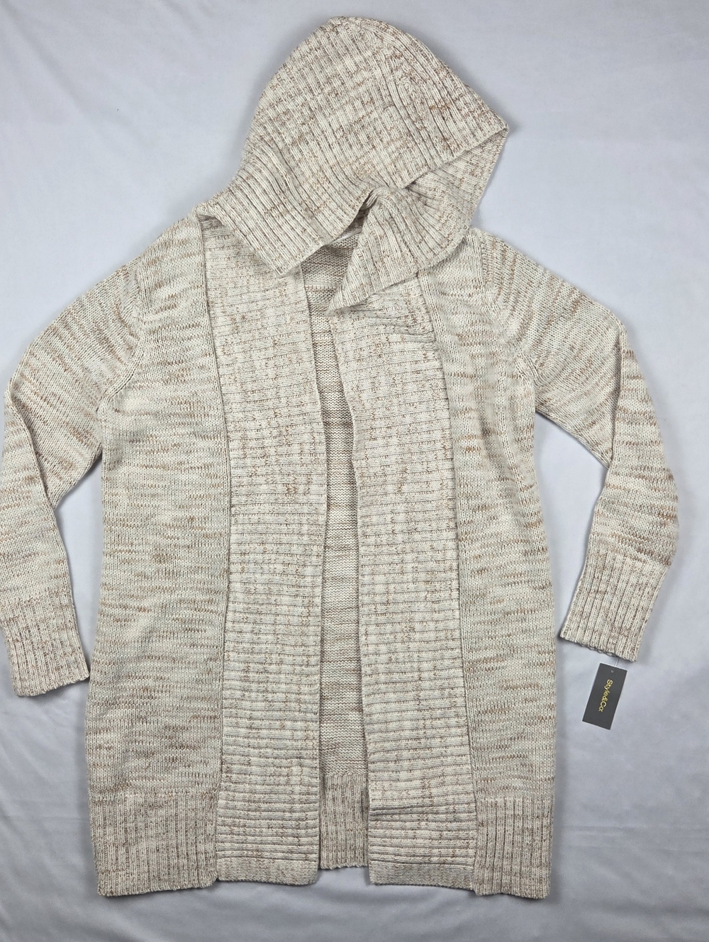 NWT Hooded Knit Cardigan Sweater Women's Large Tan Beige Knee Length Style & Co